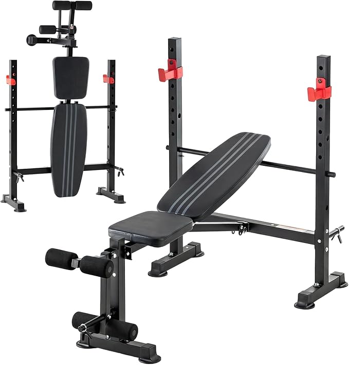 Adjustable Weight Bench, Foldable Bench Press Set with Leg Extension and Curl, 650 LBS Heavy Duty Full Body Strength Training Bench for Home Gym, Black & Red