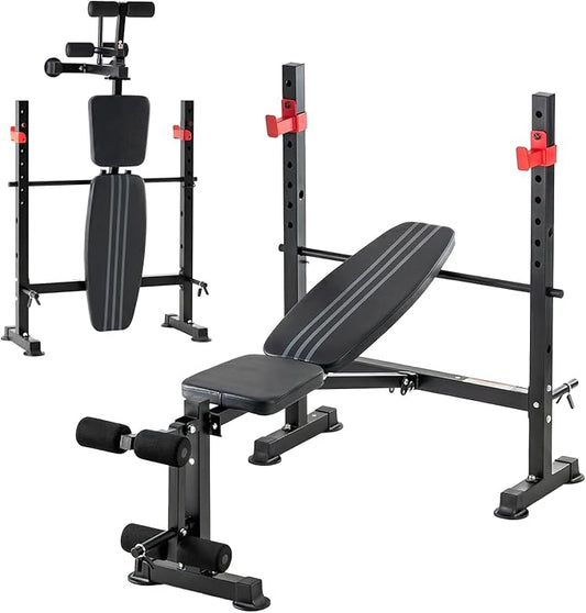 Adjustable Weight Bench, Foldable Bench Press Set with Leg Extension and Curl, 650 LBS Heavy Duty Full Body Strength Training Bench for Home Gym, Black & Red
