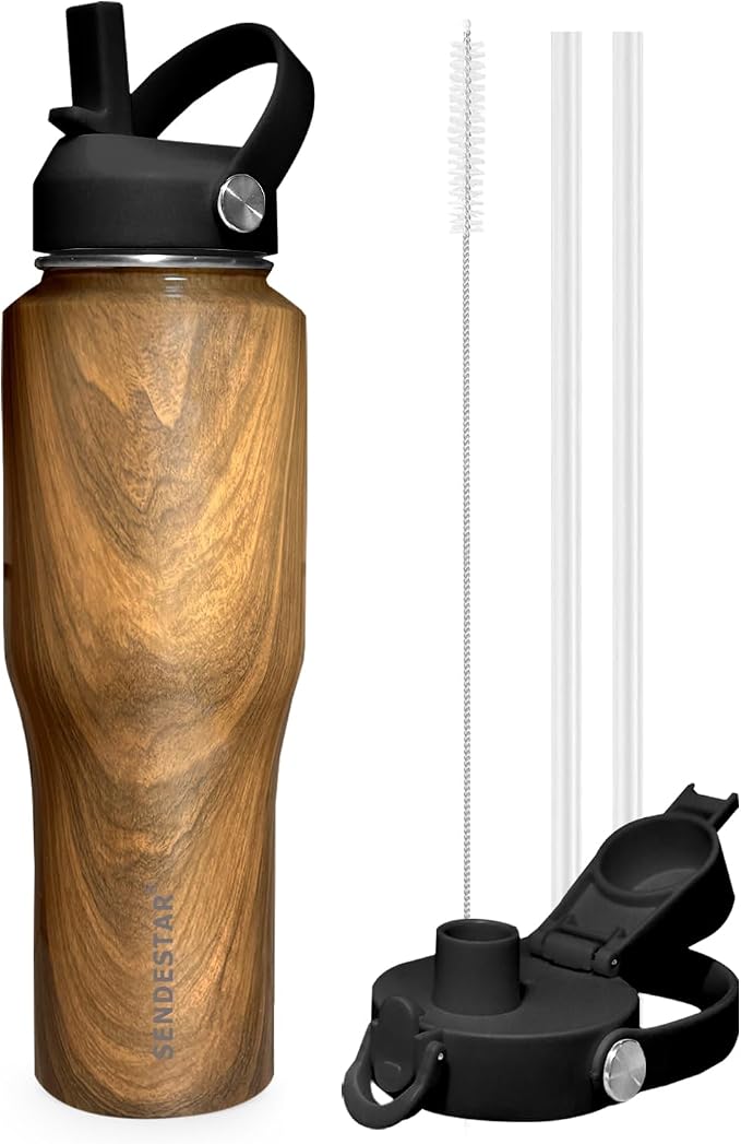 SENDESTAR 32oz Water Bottle Wide Mouth Stainless Steel Vacuum Insulated Double Wall with 2 Straw Lids Fit in Any Car Cup Holder