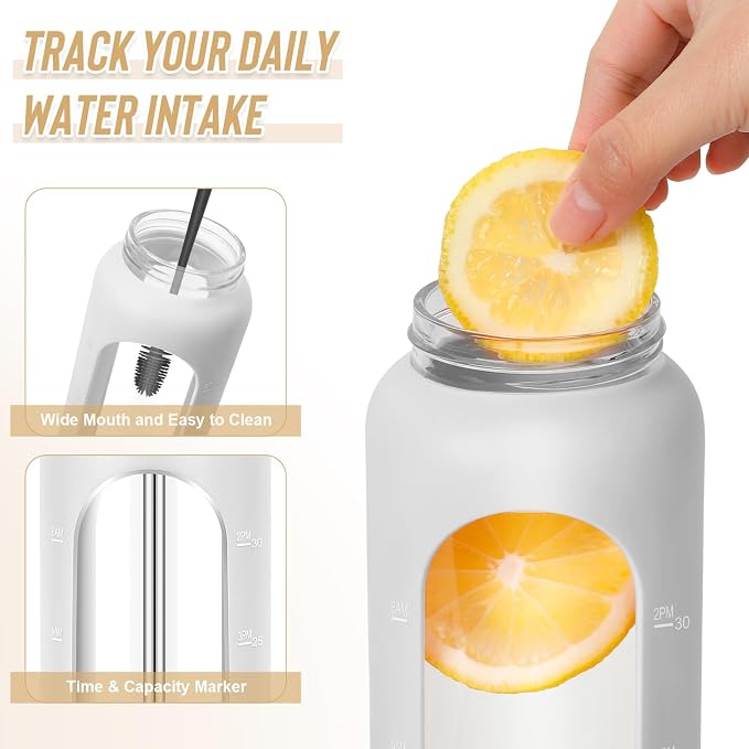 FULBEVY 32 oz Glass Water Bottles - 1 Liter Motivational Tumbler Water Bottle Time Marker - Borosilicate Glass Water Bottle With Silicone Sleeve and 2 Lids, Handle Spout & Bamboo Straw Lid (White)