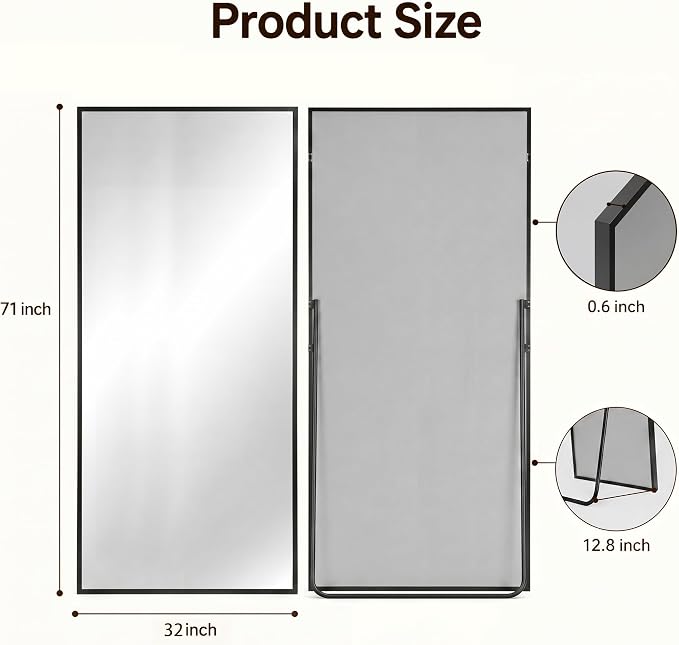 Antok Full Length Mirror, 71"x32" Floor Mirror with Stand, Hanging Mounted Mirrors for Bedroom, Living Room, Cloakroom, Dining Room, Black, Rect