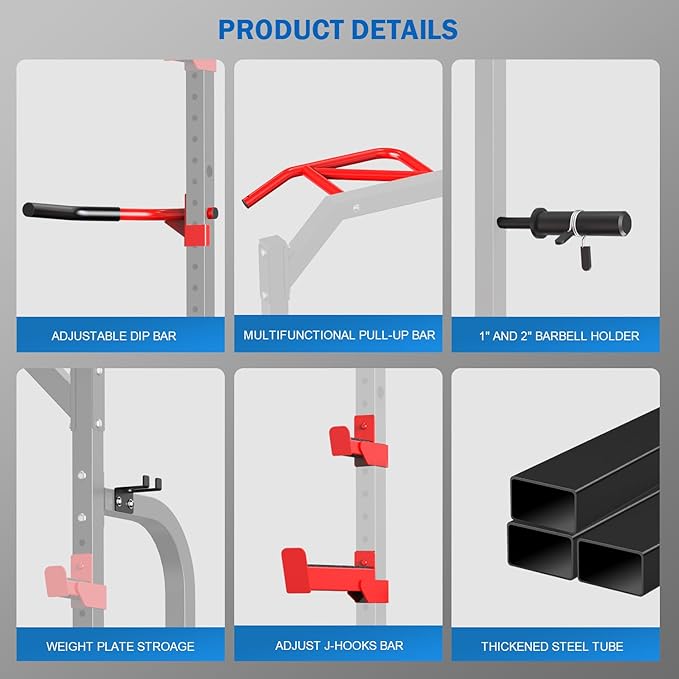 SunHome Power Cage Squat Rack, Power Rack with Pulley System, Adjustable Cable Crossover System, J-Hooks, Dip Handles, Weight Plate Storage