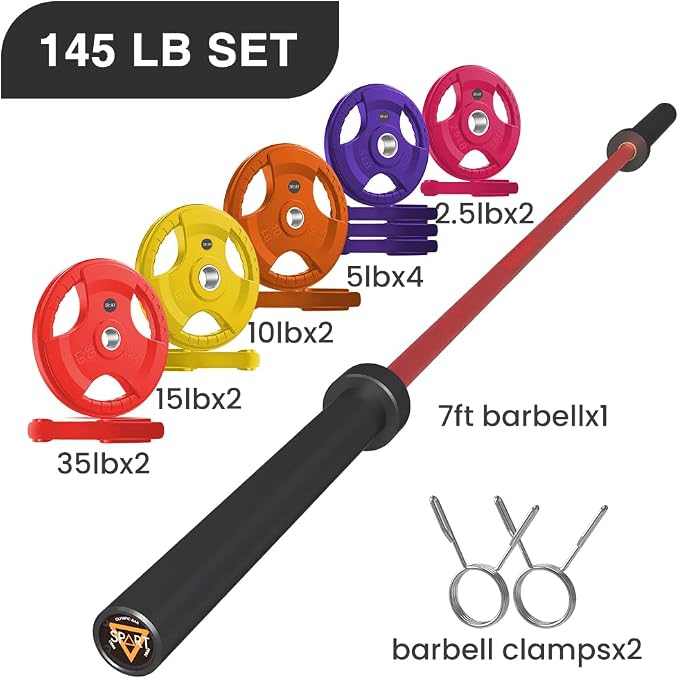 7FT Olympic Barbell Bar with Weight Plate Set Combo, Solid Olympic Bar with Bearings, 700Lbs Capacity Weight Bar for Home Gym Strength Training, Weightlifting, Powerlifting, Fit for 2" Olympic Plates