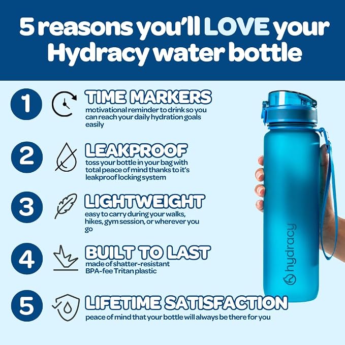 Hydracy Motivational Water Bottle with Time Marker and Straw Lid 32 oz | Leakproof,BPA Free,No Sweat Neoprene Sleeve,Carry Strap,Daily Intake Tracking for Fitness & Outdoors