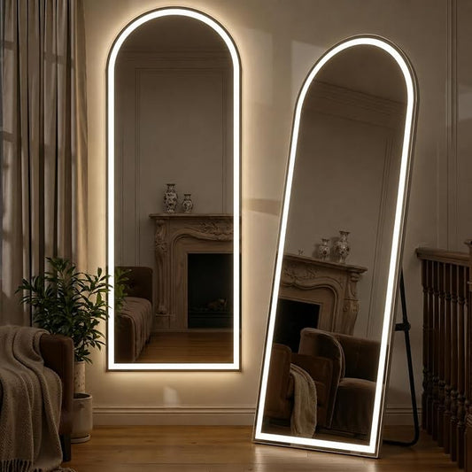 63"x20" Arched Full Length Mirror with LED Lights, Body Floor Mirror with Dimming & 3 Color Lighting, Mirror Full Length for Home Wall Decor, Tall Arch Aluminum Frame for Bedroom Cloakroom