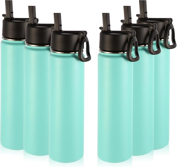 Volhoply 24oz Insulated Water Bottle With Straw Bulk 6 Pack,Metal Wide Mouth Water Bottles With Handle Lid Keep Cold,Reusable Double Wall Cups,Powder Coated Sport Bottle For Holder(Mint,6 Count)