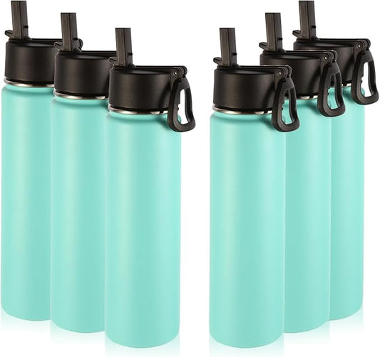 Volhoply 24oz Insulated Water Bottle With Straw Bulk 6 Pack,Metal Wide Mouth Water Bottles With Handle Lid Keep Cold,Reusable Double Wall Cups,Powder Coated Sport Bottle For Holder(Mint,6 Count)