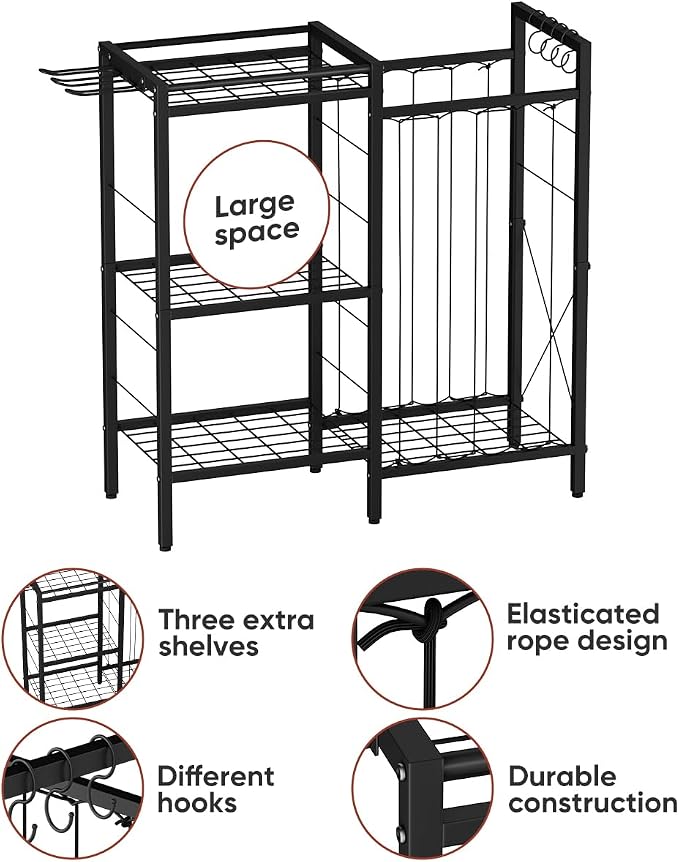 3 Tiers Dumbbells Yoga Mat Storage Rack with Elastic Straps for Kettlebells Foam Roller Resistance Bands Balls, Workout Equipment Organizer Weight Storage Holder with Hooks for Home Gym