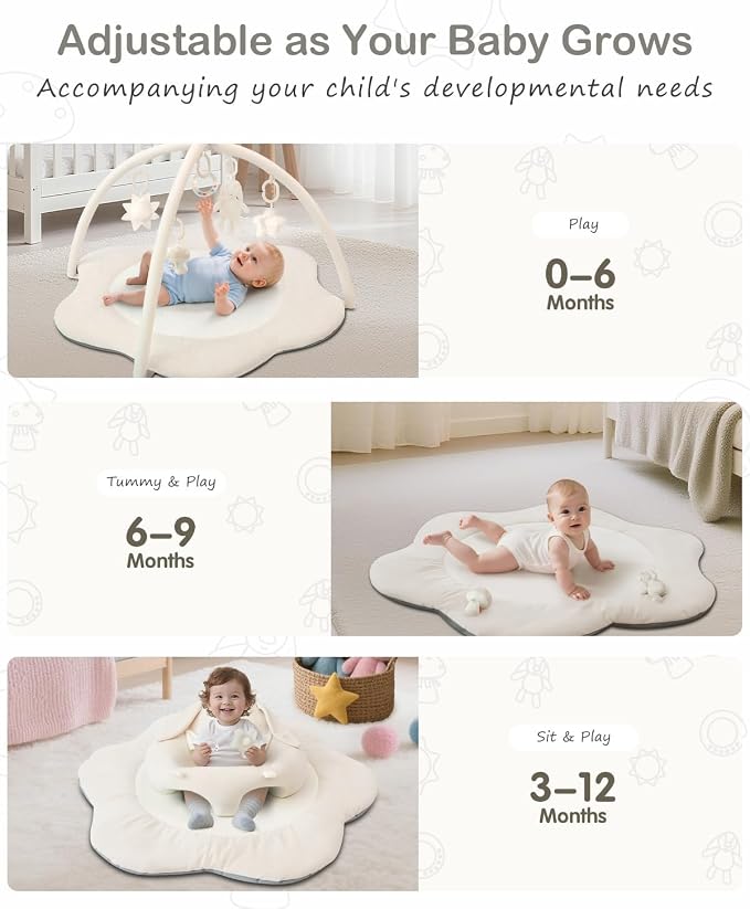 3-in-1 Baby Play Mat & Baby Seats for Infants for Sitting Up, Tummy Time Gym Activity Mat with 5 Detachable Toys, for Babies 0-6-12-18 Months, Newborn Babies Shower Gifts(Beige)