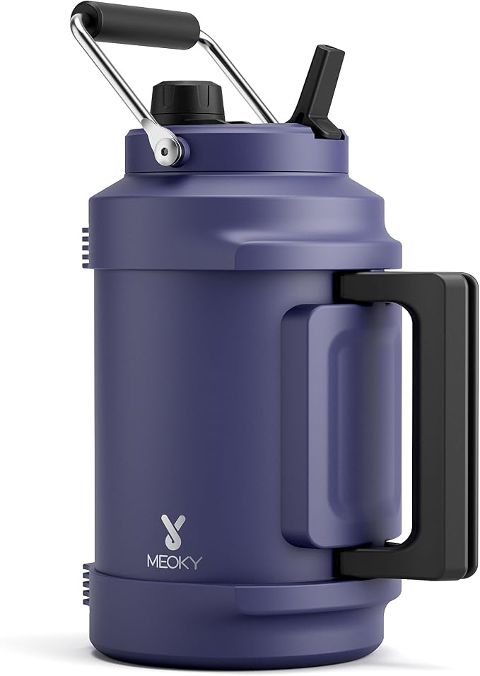 1 Gallon Insulated Water Bottle for Sports: Meoky 128 oz Triple Wall Vacuum Stainless Steel Water Jug - Top and Side Handles, Cold for 48 Hrs, 2-in-1 Straw and Spout Lid, Leak Proof for Hiking (Navy)