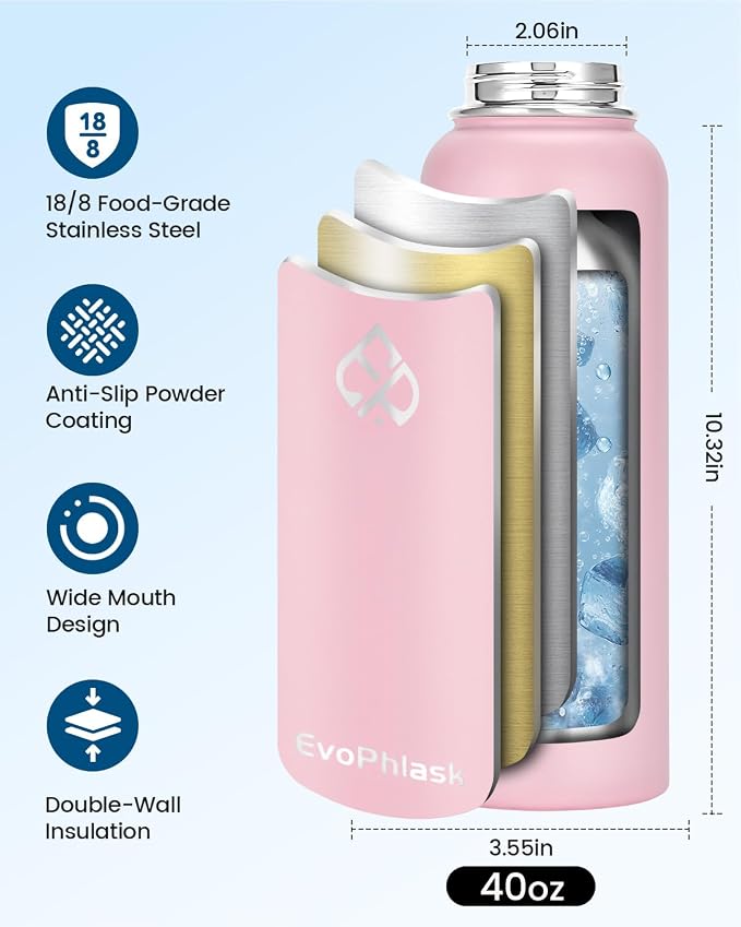 Insulated Water Bottle 40 oz with Carrier Bag, Pink | Stainless Steel, Vacuum Insulated Keep Cold 48 Hrs, Large Metal Water Jug, For Travel, Sport, Gym, Hiking