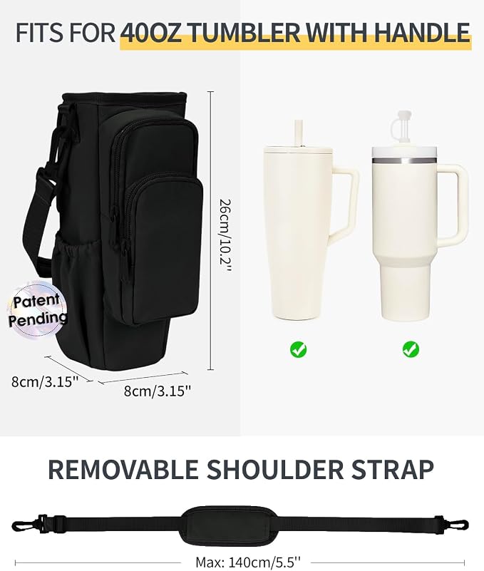 sportsnew 30/40oz Crossbody Water Bottle Holder Anti-Tip Tumbler Carrier | Lightweight Bottle Sling Fits Handled Tumbler w/ Phone Pocket, Adjustable Strap, Insulated Lining, Hands-free for Hiking Gym