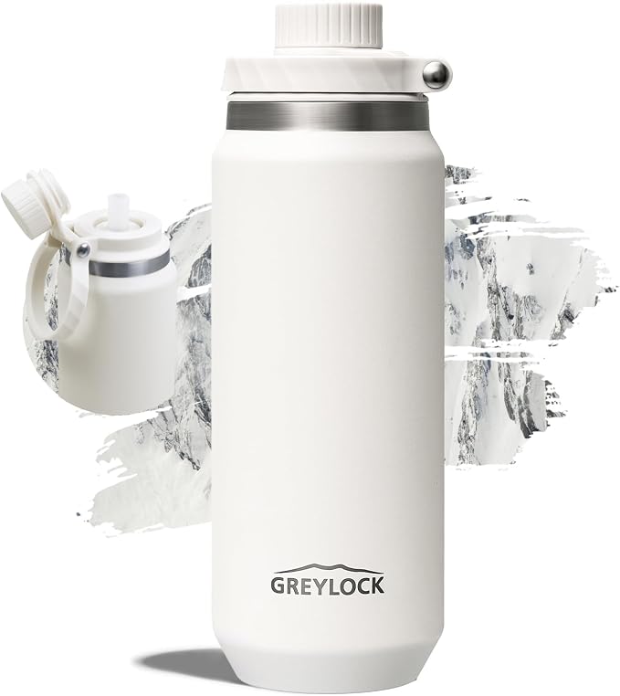 Greylock 20 oz Insulated Water Bottle with Straw Lid, Reusable Stainless Steel Sports Water Bottles with Foldable Handle, Leak Proof, Double-Wall Vacuum Insulation, 24 Hours Cold (White)