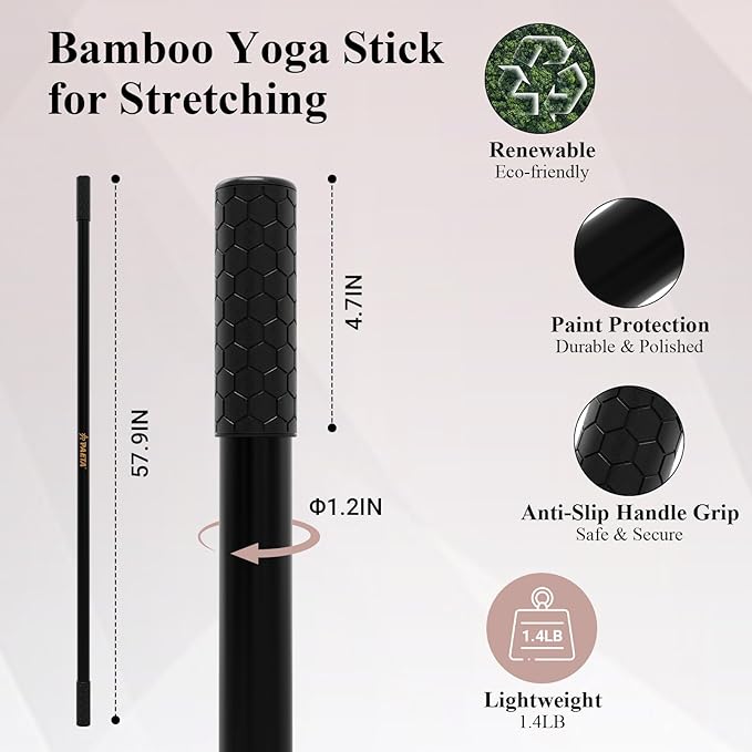 PAETA Yoga Stick for Stretching, 5ft Exercise Stick for Mobility & Flexibility, Bamboo Stretch Bar and Posture Pole with Non-Slip Grip - Includes Free Video Guide