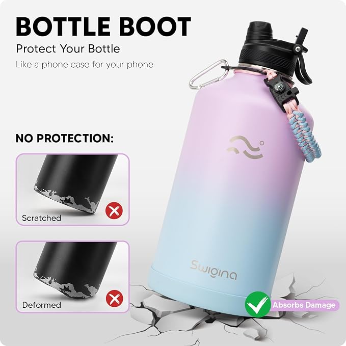 Swigina [2-IN-1 LID] Gallon Insulated Water Bottle with Silicone Boot (48hrs Cold/24hrs Hot) - DIY Stickers, Leakproof, BPA Free, 128 oz