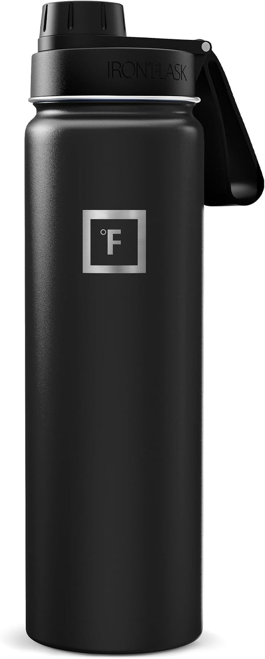 IRON °FLASK 24 oz Wide Mouth Water Bottle with Spout | Insulated Stainless Steel Sports Water Bottle with Leakproof Spout Lid - BPA Free, Cold 24 Hrs, Sweat Free (Midnight Black)