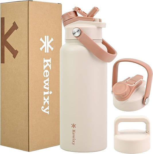 KEWIXY 32 oz Insulated Water Bottle, 2-in-1 Lid, Straw & Spout with Protected, Leak Proof, Keep Cold, Stainless Steel, Metal, Reusable, Handle, for Outdoor, Gym and School, 2 Lids, Mousse