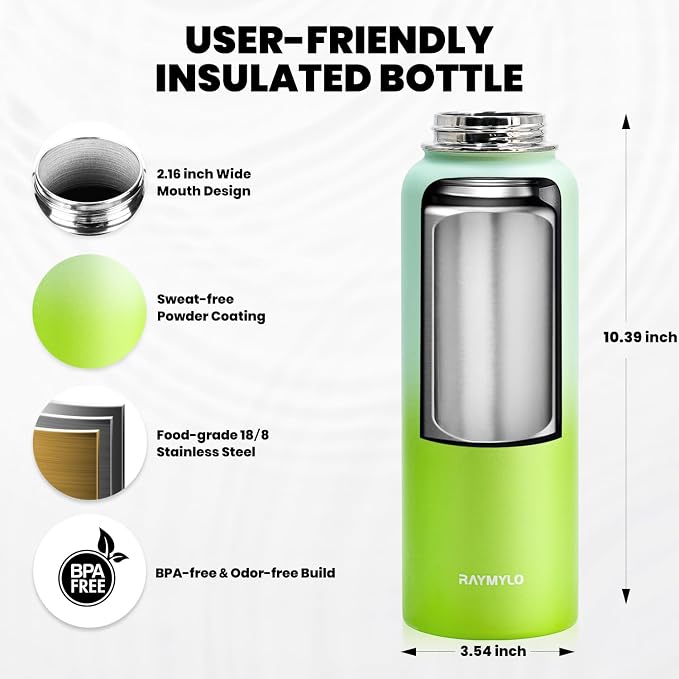 RAYMYLO Insulated Water Bottle 40 oz, Triple Wall Vacuum Stainless Steel | (Cold for 36Hrs, Hot for 18Hrs), Leak Proof & Non-BPA, Modern Water Flask Jug with Paracord Handle & Straw Spout Lids
