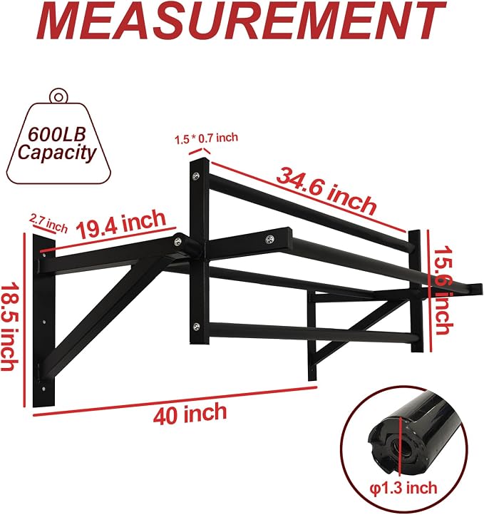 BESTHLS Wall Mounted Pull Up Bar and Dip Station, Heavy Duty Wall Mount Pull-up Chin Up Bar Multifunctional Home Gym Workout Indoor Exercise Equipment Support to 440 Lbs