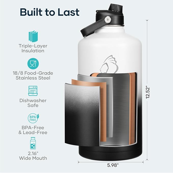BUZIO 1 Gallon Water Bottle Insulated with Dust-proof Straw & Spout Lids | 128 oz Large Water Jug 18/8 Stainless Steel Triple Wall (Keep Cold 48Hrs/Hot 24 Hrs), Dishwasher Safe, Sweat-Proof, Black