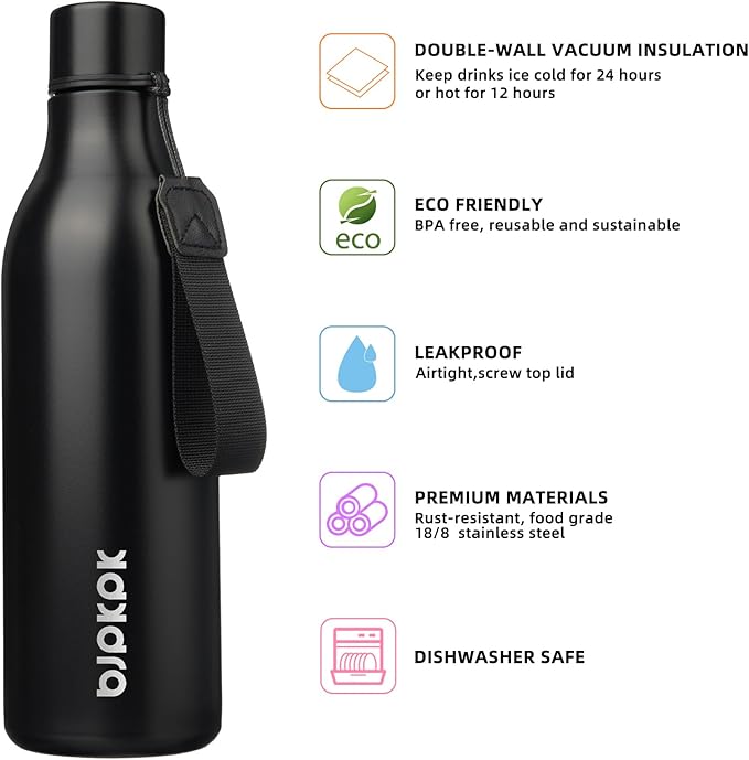 BJPKPK 25oz Insulated Water Bottle, Stainless Steel Bottle with Carry Strap | Keep Cold & Hot Vacuum Insulation, Leak-Proof BPA-Free Design, Slim Bottle Fits Most Cup Holders for Gym, Office & Travel