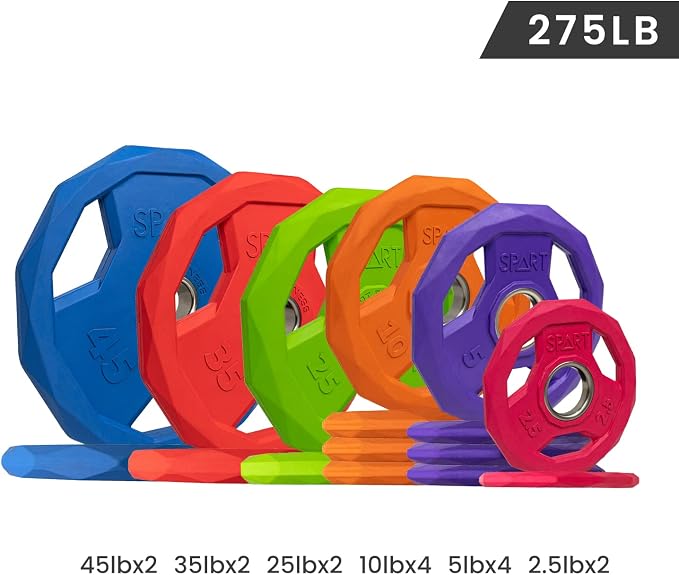 SPART Color Coded Weight Plate 2-Inch Rubber Coated Olympic Grip Plate for Barbell, Solid Cast Iron Weight Plates for Strength Training, Weightlifting, Crossfit, Home Gym, 2.5LB/5LB/10LB/25LB/35LB/45LB, Pair
