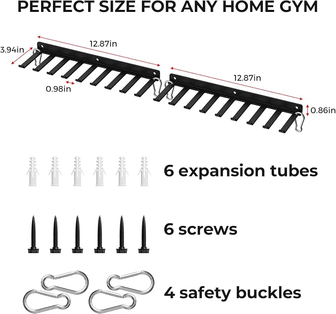 Home Gym Accessories Storage Wall Rack with Sturdy Hooks, Carabiner Clips | Heavy Duty Home Gym Equipment Storage Rack Wall Mount for Resistance Bands, Cable Attachments,Lifting Belts,Jump Ropes,Chains