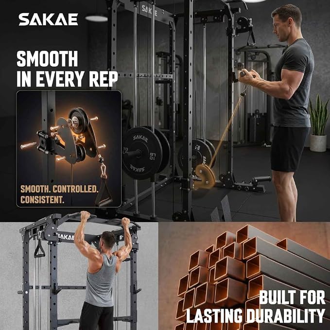 SAKAE Squat Rack with Cable Crossover System, Power Rack with LAT Pull Down, Pull-Up Bar, Dip Bars, Weight Bench, 260 LB Bumper Plates, 7 FT Olympic Bar & Training Attachments, Multiple Options