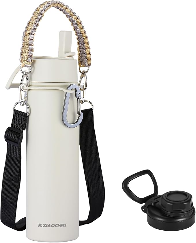KXIAOCHEN Insulated Water Bottle with Strap, 48-Hour Cold, 2 Lids | Triple-wall insulation, lead-free 18/8 Stainless steel, paracord handle, carabiner clip, for gym, hiking, camping and travel