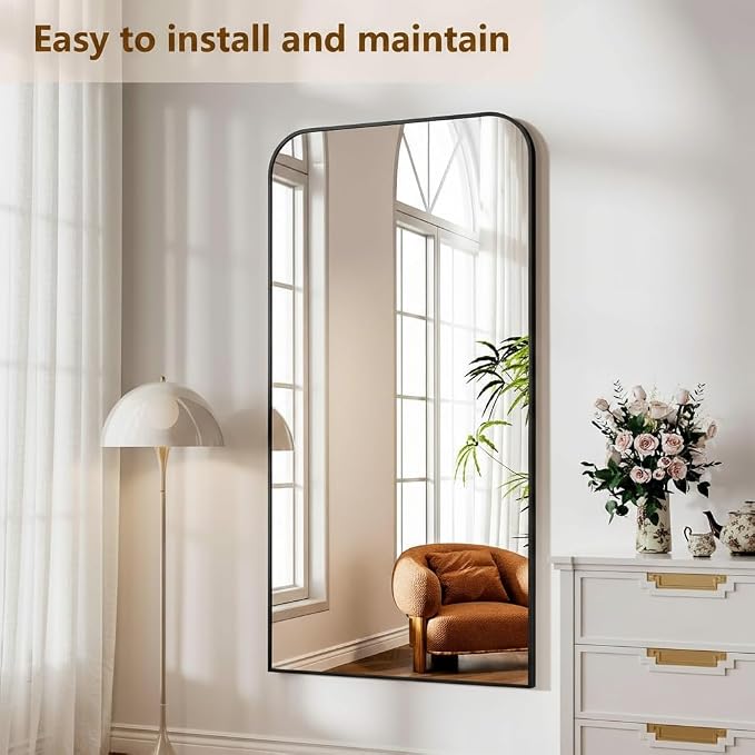 Koonmi Full Length Mirror, 71"x28" Mirror Full Length with Stand | Domed Top Square-Edged ShatterProof Floor Mirror with Black Aluminum Alloy Frame for Bedroom Living Room Home Gym