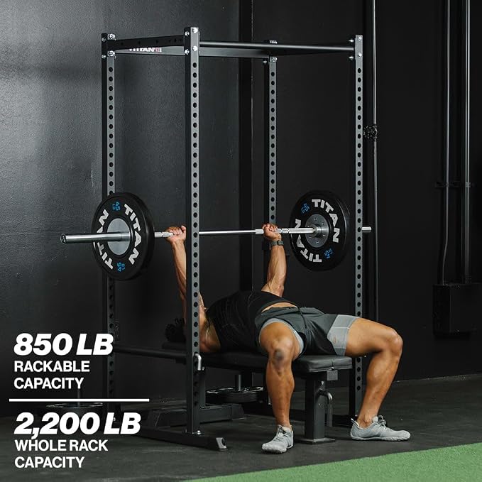 Titan Fitness T-2 Series Short Power Rack, Skinny Pull Up Bar, Pin and Pipe Safeties, Standard J-Hooks, for Home Garage Gym Weightlifting and Strength Training