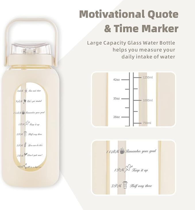 52 oz Glass Water Bottle with 2-in-1 Straw Lid Large Half Gallon Water Bottle with Time Marker & Removable Silicone Sleeve,Wide Mouth BPA-Free Borosilicate Bottle for Gym, Workout & Daily Use