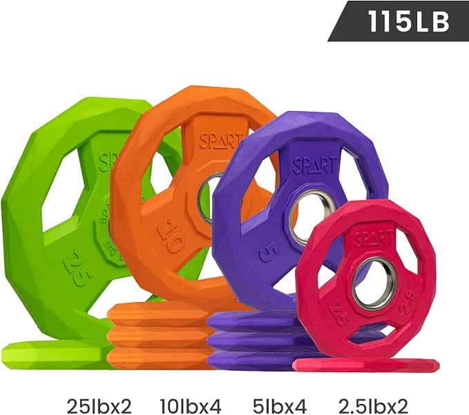 SPART Color Coded Weight Plate 2-Inch Rubber Coated Olympic Grip Plate for Barbell, Solid Cast Iron Weight Plates for Strength Training, Weightlifting, Crossfit, Home Gym, 2.5LB/5LB/10LB/25LB/35LB/45LB, Pair