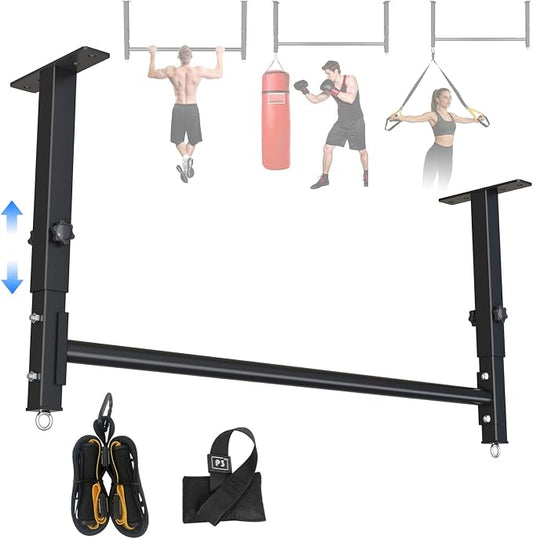 48" Ceiling Mount Pull Up Bar, Adjustable Height, 700LBS Capacity | Includes suspension trainer straps.For home gym,garage,basement.Ideal for pull ups & full body stretching.