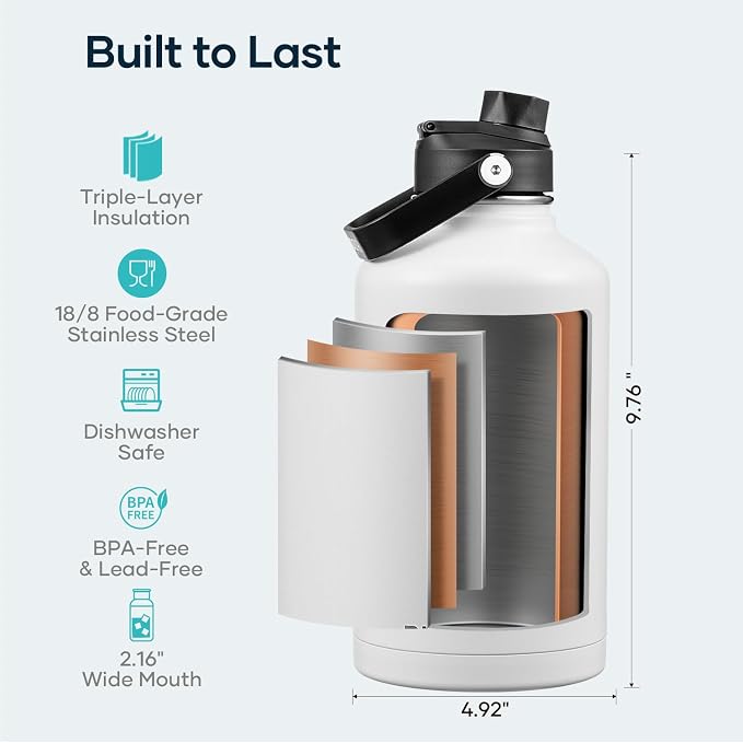 BUZIO 64 oz Insulated Stainless Steel Water Bottle with Dust-proof Lids | Half Gallon Water Jug (Dishwasher Safe), Cold for 48 Hrs, Triple Wall with Copper Plating, for Gym, Hiking, Camping, Black