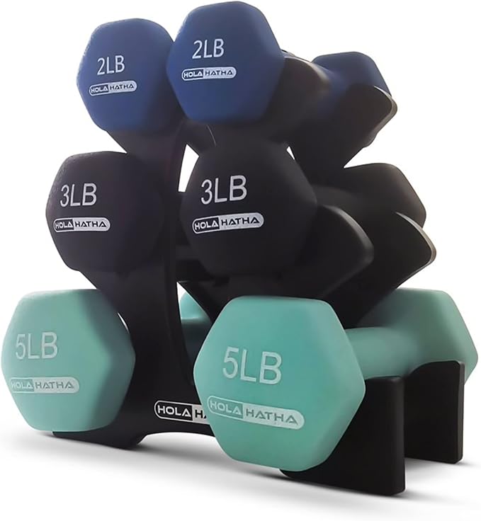 HolaHatha 1, 2 and 3 lb Neoprene Dumbbell Strength Training Weight Set with Rack