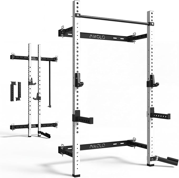 Mikolo 2" x 2" Folding Wall Mounted Squat Rack, 1000 Pounds Capacity Power Rack with Pull Up Bar, J Hooks and Other Attachments, Space-Saving Home Gym