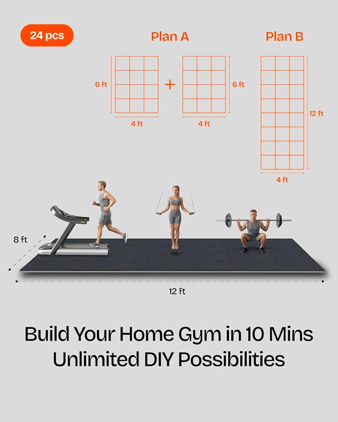 0.6" Thick 96 Sq Ft Rubber Top Gym Flooring Mats for Home Gym | Dual-layer Rubber & HD EVA, NO Warping, 24 Tiles, Supports Heavy Weight, Noise Reduction, Ideal For Crossfit & Dumbbells