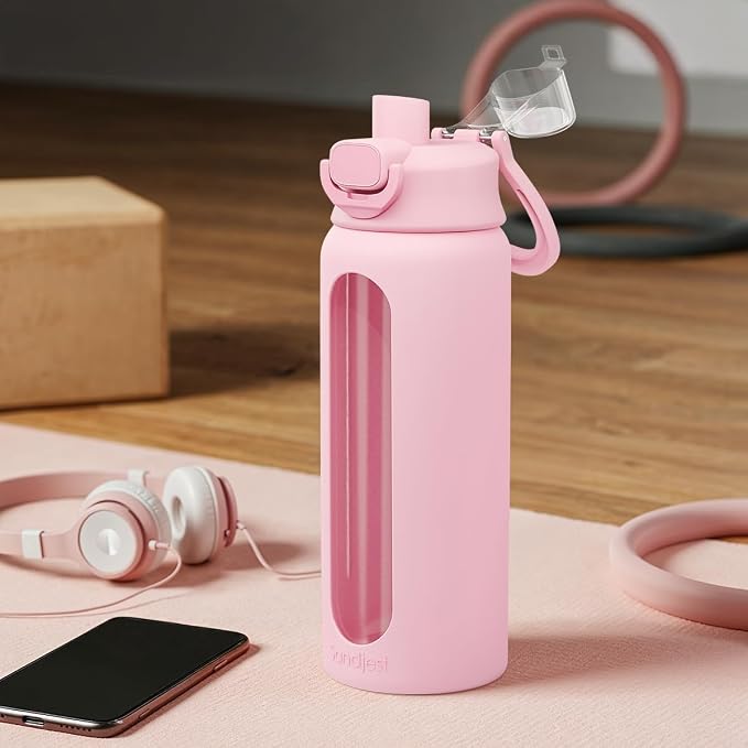 SANDJEST Glass Water Bottle with Silicone Sleeve 24oz with Lid, Motivational Time Marker, Drinking Hydration Glass Bottles for Men Women, Gym Travel Sports (Pink)