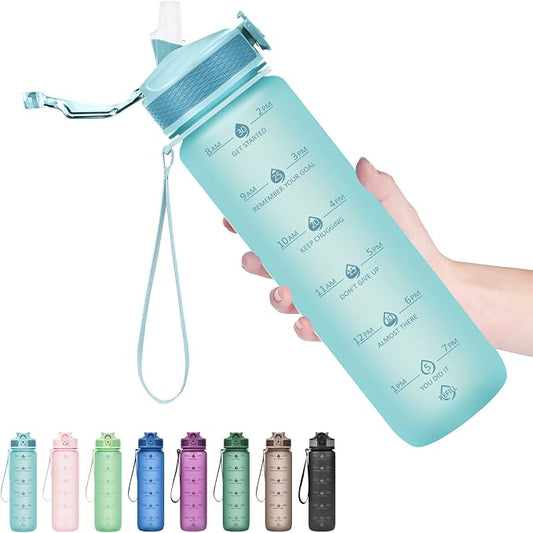 Hyeta Plastic Water Bottle With Straw & Time Marker, 32oz Leakproof Jug | Motivational Tritan BPA Free Gym Office Outdoor Intake Tracker Hourly Reminder Straw Lid Lightweight