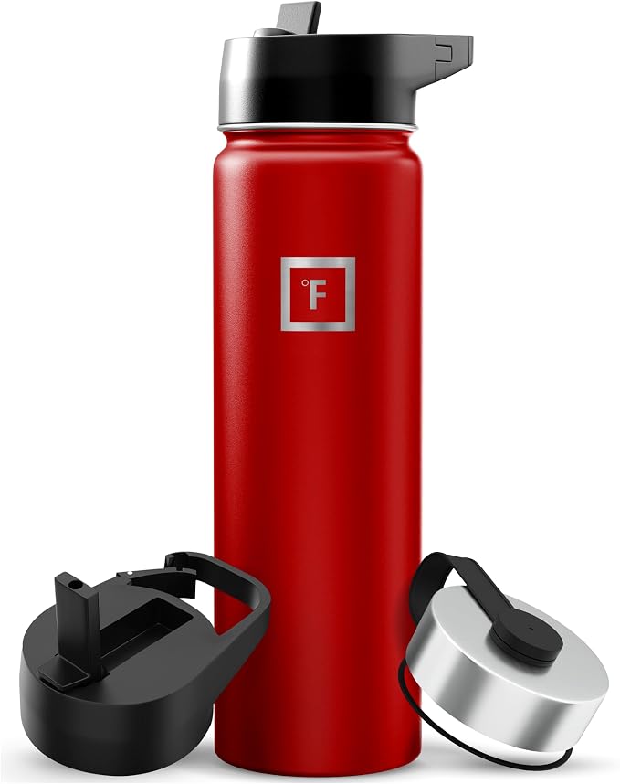 IRON °FLASK 22 oz Wide Mouth Water Bottle with 3 Lids | Insulated Stainless Steel Sports Water Bottle with 3 Leakproof Lids - BPA Free, Cold 24 Hrs, Sweat Free (Fire Red)