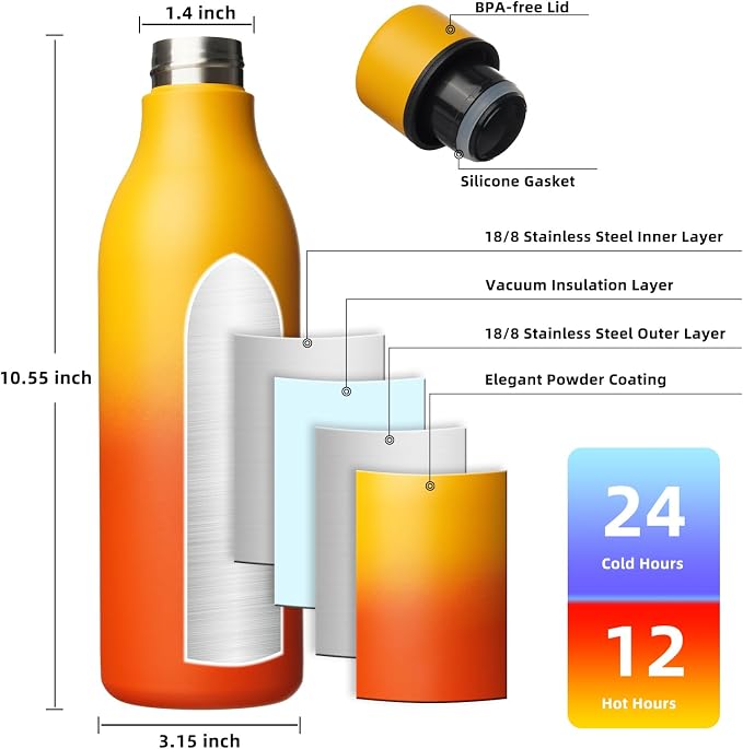 BJPKPK 25oz Insulated Water Bottle, Stainless Steel Bottle with Carry Strap | Keep Cold & Hot Vacuum Insulation, Leak-Proof BPA-Free Design, Slim Bottle Fits Most Cup Holders for Gym, Office & Travel
