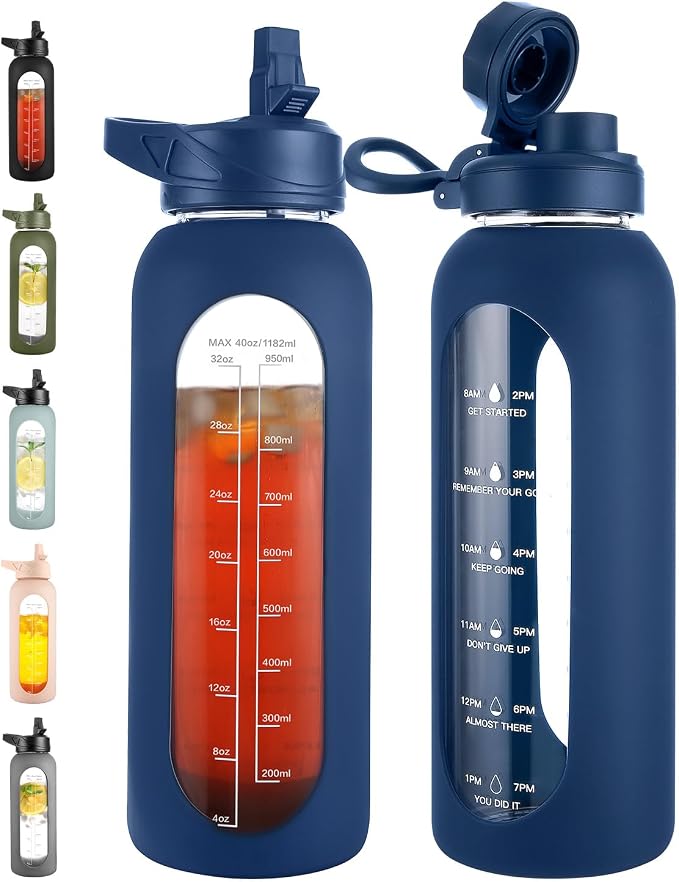 CIVAGO 40 oz Glass Water Bottle with Straw, Large Motivational Water Jug | Time Marker, 2 Leakproof Lids, Wide Mouth, Water Flask Cup with Handle and Silicone Sleeve, for Gym, Sports, Juices, Navy