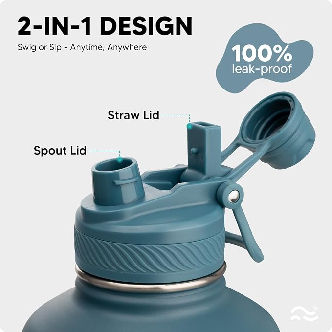 Swigina 64 oz Insulated Water Bottle with Silicone Boot (48hrs Cold/24hrs Hot) - DIY Stickers, Leakproof, BPA Free, Half Gallon [2-IN-1 LID