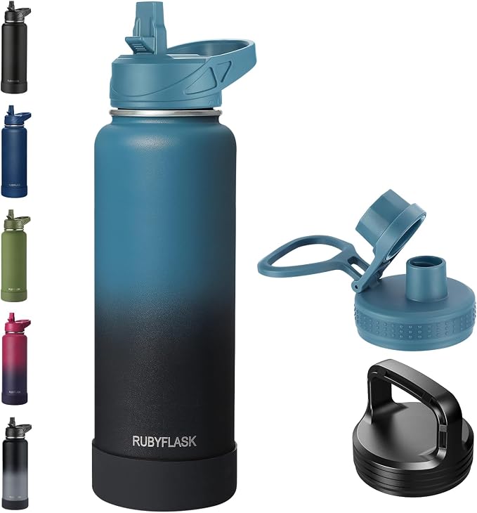 RUBYFLASK 40oz Insulated Water Bottle with Straw, Stainless Steel Metal Vacuum Water Flask, Large Thermal Water bottle with Leakproof 3 Lids for Travel, Camping, Gym Sports Indigo Black | 3 Lids, Wide Mouth, Metal Vacuum Leakproof Water Jug Flask and H...