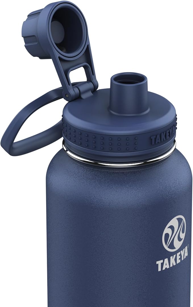 Takeya Actives Stainless Steel Water Bottle, Insulated Spout Lid, Keeps Drinks Cold 24 Hrs, Leakproof, Durable, Dishwasher Safe, Ideal for Gym, Travel, Fits Most Cup Holders, 40 oz/Midnight Blue