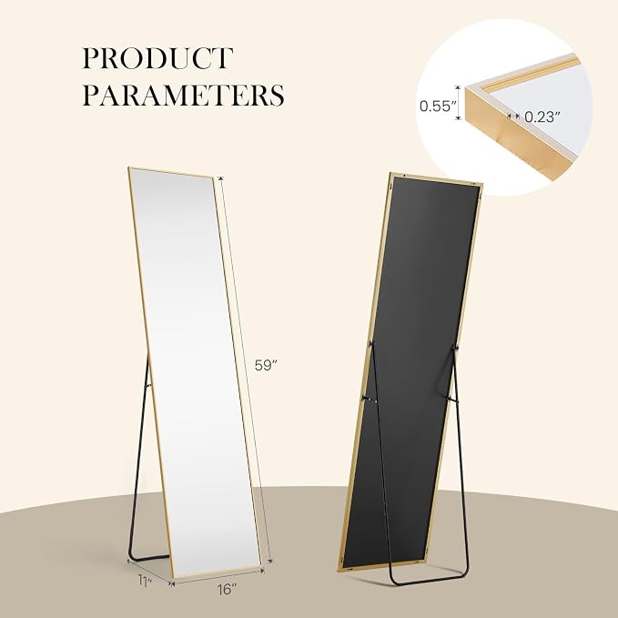 DUMOS 59"x16" Full Length Mirror, Full Body Mirror, Gold | Aluminum Alloy Thin Frame, Leaning or Hanging, Suitable for Bedroom, Livingroom, Cloakroom