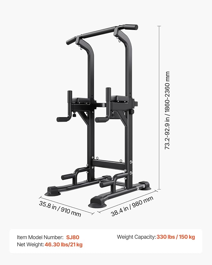 VEVOR Pull Up Bar, 330 LBS Power Tower Dip Station, Workout Dip Station with H-Shaped Stable Base & Back Pad, Adjustable 12 Level Height Free Standing Chin Up Bar for Back, 4-Level Adjustable Back Pad