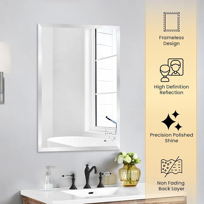 Rectangle Bevelled Frameless Mirror - Wall Mirror 24” x 36”, Shatterproof Modern Bathroom Mirror for Gym, Bathroom Vanity, Entryways with Bevelled Edge, Horizontally or Vertically