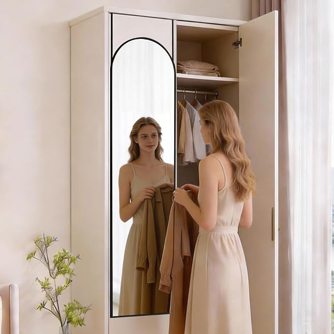 DUMOS 47"x14" Full Length Door Mirror, Arched Full Body Mirror, Black | Aluminum Alloy Thin Frame, Leaning or Hanging, Suitable for Bedroom, Livingroom, Cloakroom